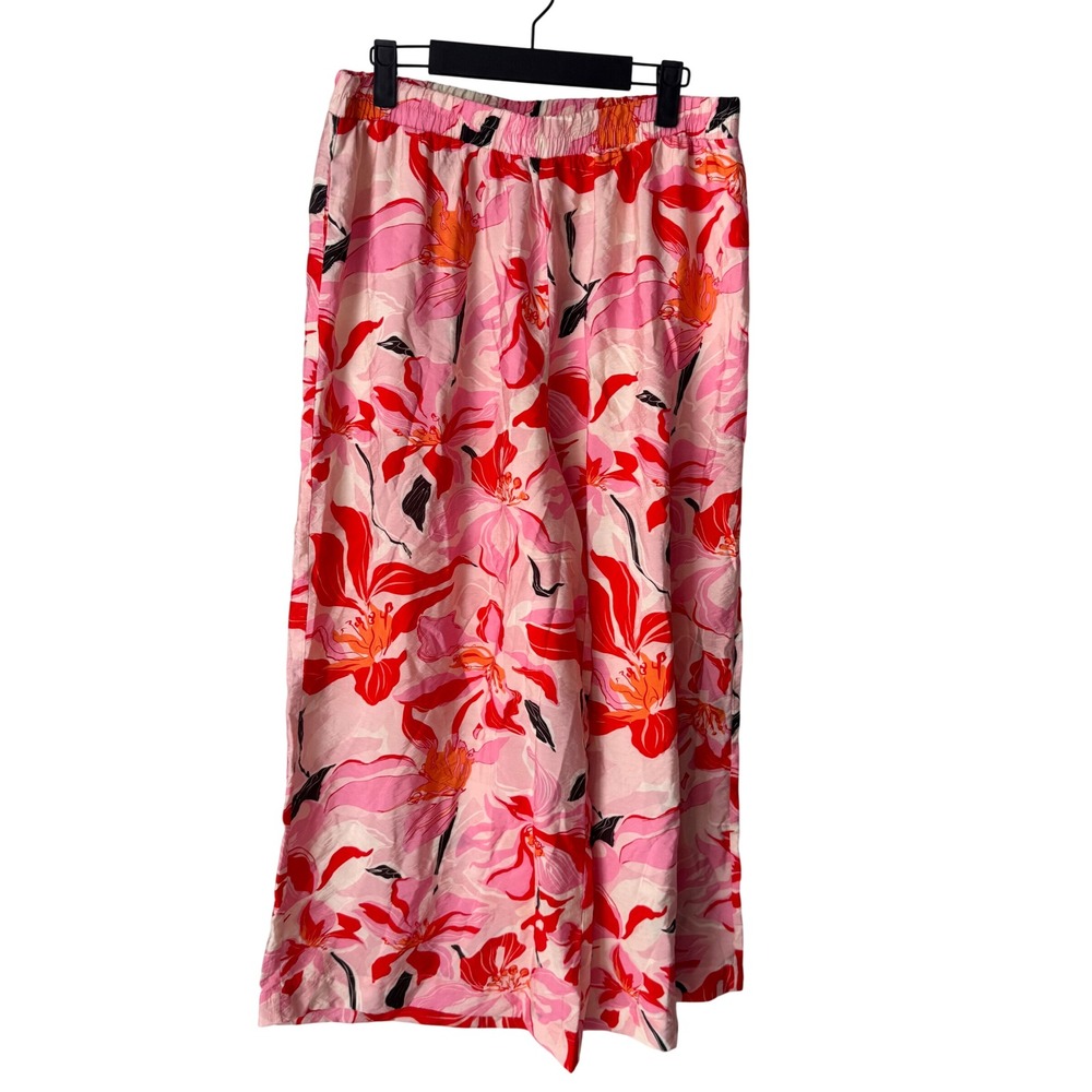 Melloday Pink Red Floral Wide Leg Pants Elastic Waist Side Pockets Large